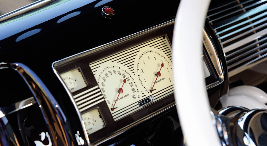 close up of a speedometer in a ’29 Ford Highboy Coupe