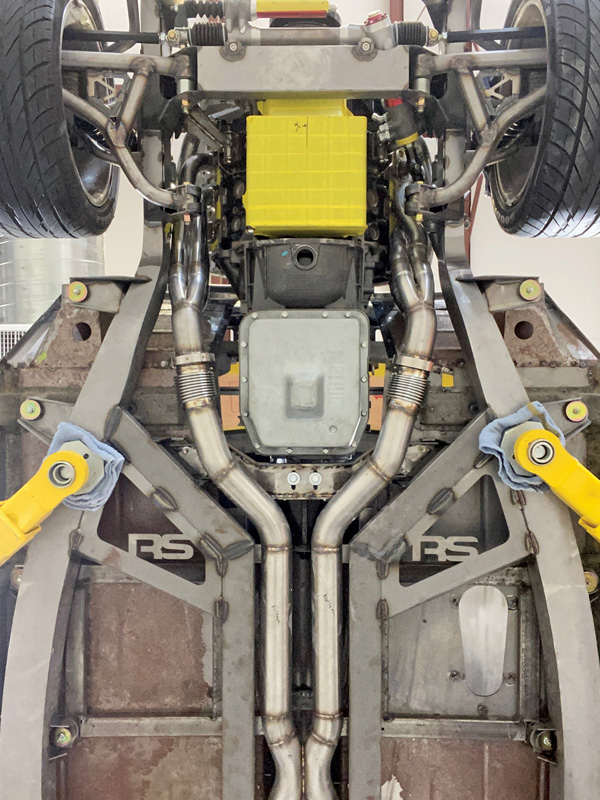 From underneath the car you can see how smoothly the exhaust system follows the contours of the chassis.