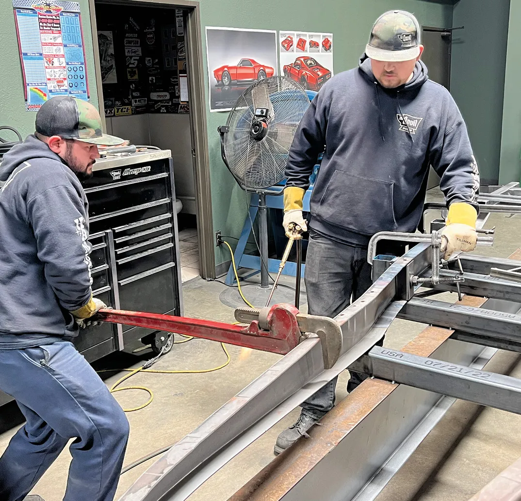 The teamwork of Caballero and Gerringer makes the dream work, but sometimes what’s required is a bigger hammer—in this case, a bigger wrench. While the frame is heated and pinched it can tend to twist. A big wrench helps reverse that tendency.
