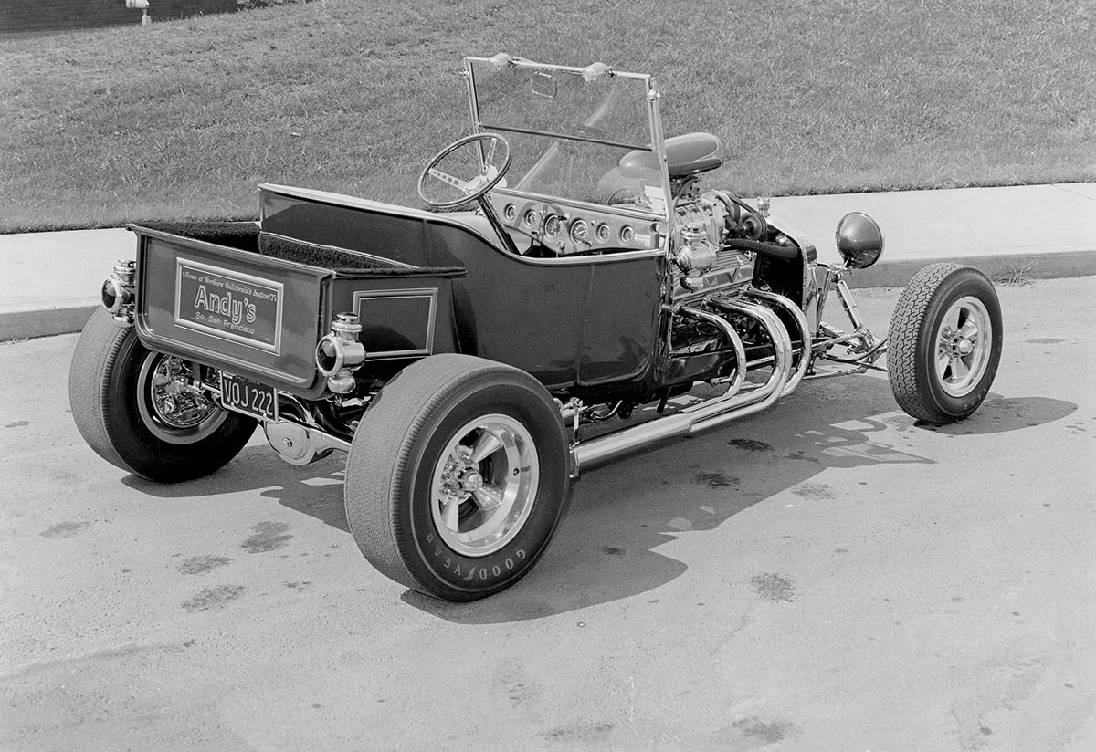 Black & white photograph of Andy's Instant T car; Tommy added light accent lines to it in the ’70s.