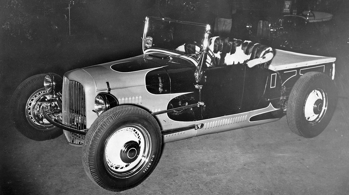 Black & white photograph of Tommy’s flame and motion scallops enhanced Don Ricci’s A pickup in the first Oakland Roadster Show, January 1950. The car placed Third in Originality, Street Division.