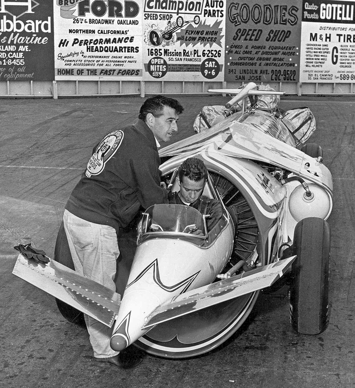 Black & white photograph of Palamides’ “Untouchable” jet dragster gave Tommy a huge canvas to apply his brilliant embellishments. The car is shown at starting apron area Fremont Dragstrip, 1966. The driver is Oakland’s Lon Gredetti, one of Palamides’ daredevil pilots who also raced speedboats.