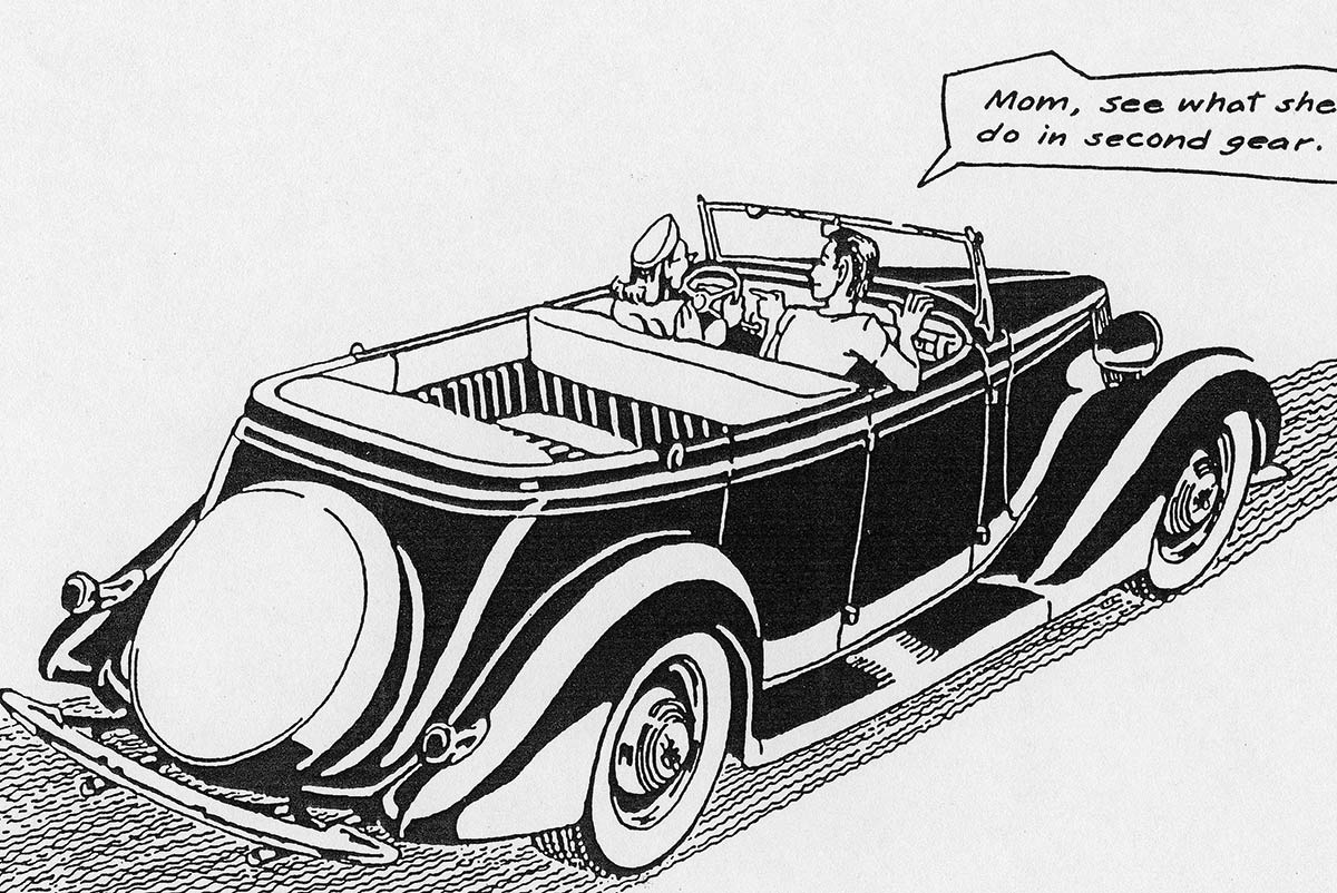 Black & white drawing from the rare monograph, “Cruizin’ in a Dream Decade/The ’50s,” art and words by Craig Clemens, son of an Oakland body and paint shop owners. “My first car was a ’36 Ford phaeton bought in 1953 for $350. Customized in about 1949 with a ’47 Ford driveline, chrome dash, ’40 Olds spade bumpers, white and blue tuck ’n’ roll, and painted Washington blue with ‘Tommy the Greek’ stripes in white and light blue.”