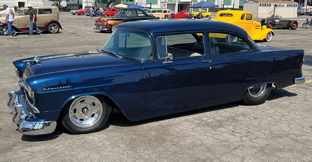 Dark metallic blue '55 Chevy coupe