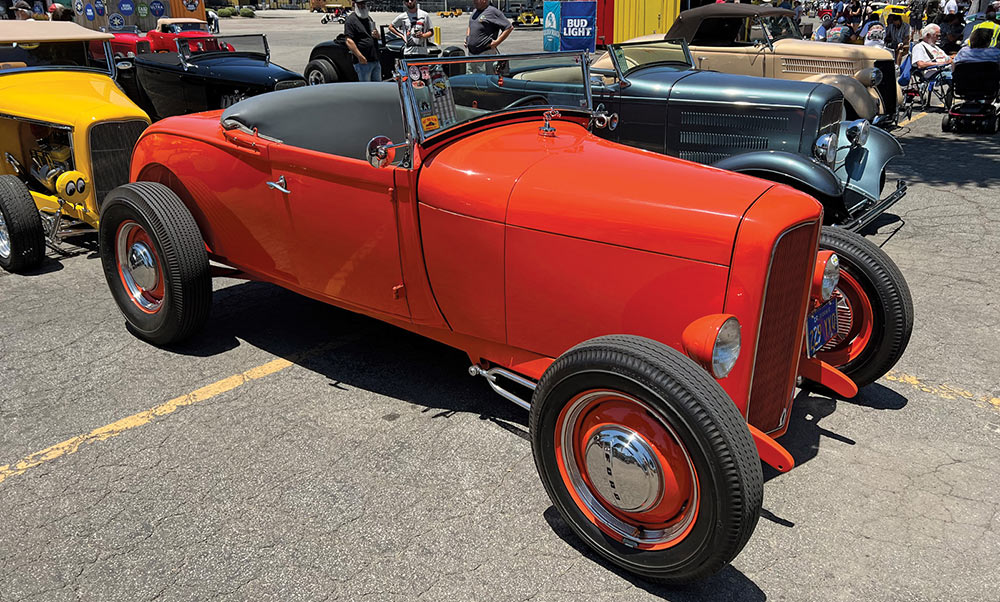 Bright orange '29 Highboy with bumper delete