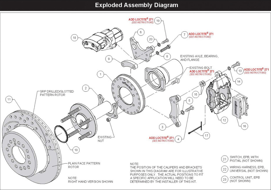 This exploded view shows the relationship of all the rear brake components (although the positions of the calipers may vary).