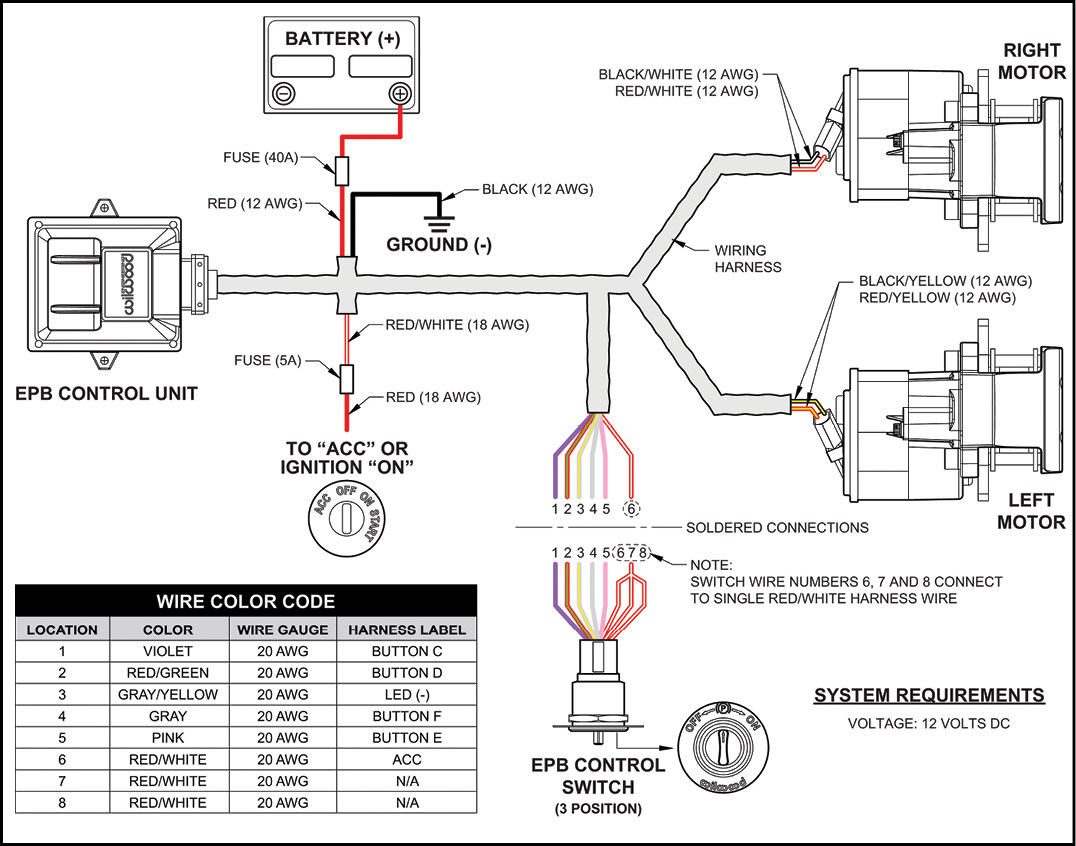 Wiring the EPB system is plug-and-play with one 12V constant source and one ACC or ignition on source.