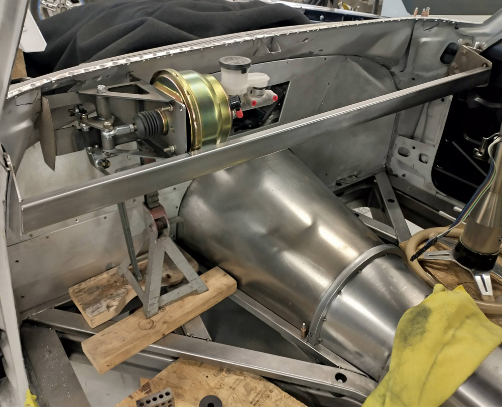Another piece of the puzzle is the underdash booster and master cylinder. This is accomplished by a Kugel Komponents 90-degree bracket and pedal assembly. This is mocked up, so the firewall and dash can be fabricated.