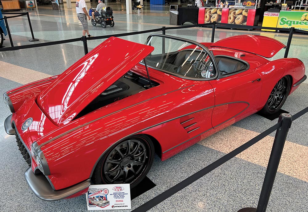 Modified red '59 Corvette with satin steel trim