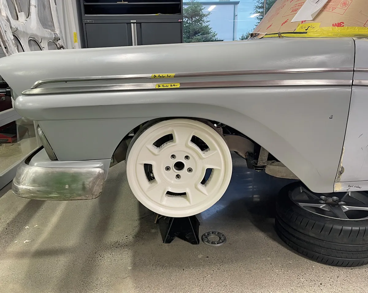 The printed wheel is put into place to check the fitment, along with the proportions of all the details on the wheel face.