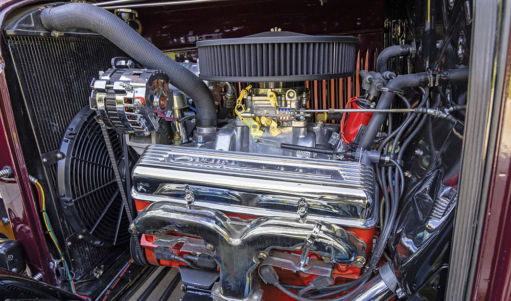 engine in a red ’32 Ford