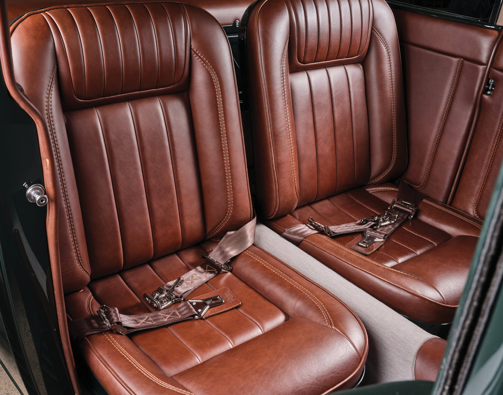brown leather interior in a green ’30 Ford