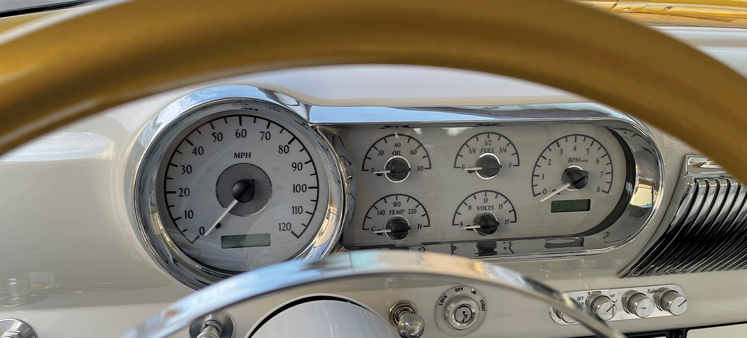 close view of the custom ’54 Chevy Bel Air's gauge cluster