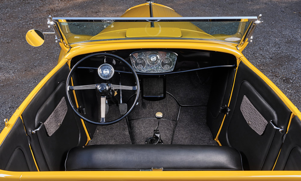 steering, dashboard, and shifter in a ’32 Ford
