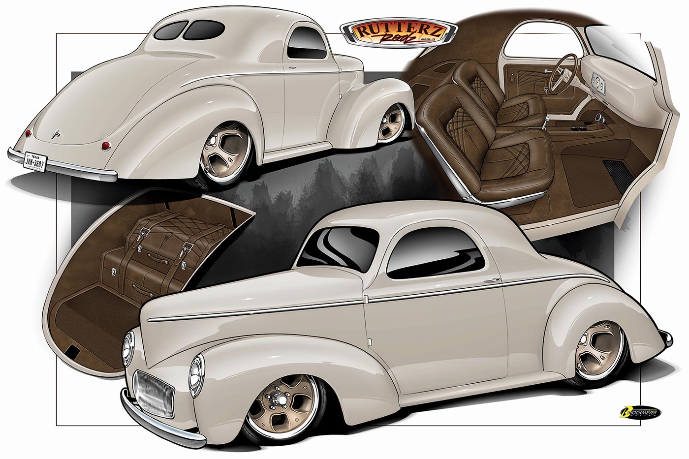 colored digital rendering of the desert beige ’41 Willys Coupe, including interior views of the trunk and cab