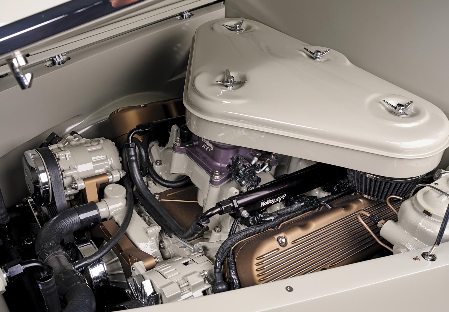 the desert beige ’41 Willys Coupe's engine