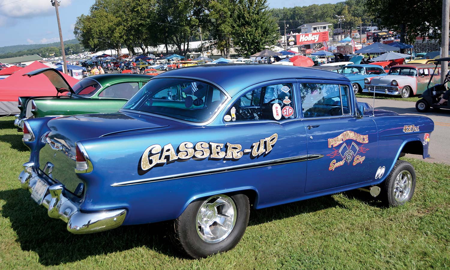 Blue gasser with the words gasser-up painted on the side