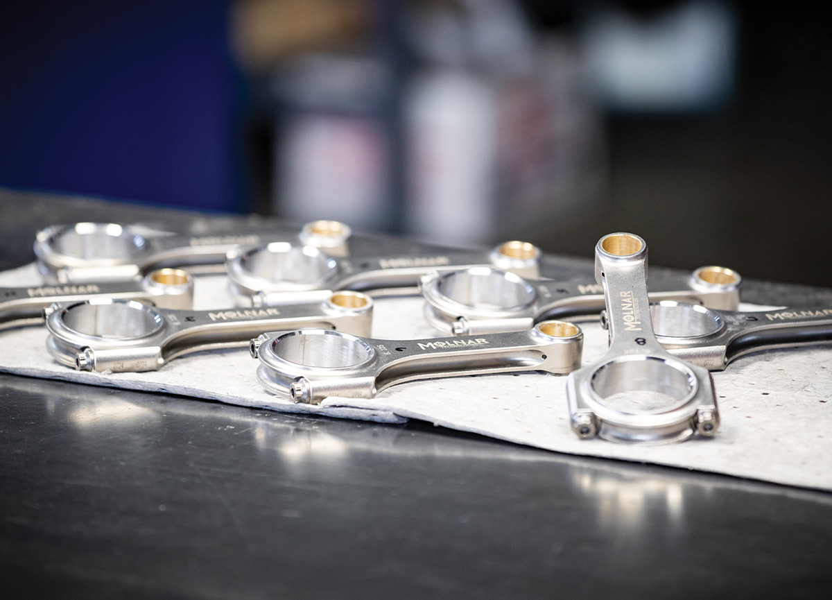Connecting rods are 6.125-inch-long, 4340 steel billet H-beams from Molnar. Their PWR-ADR series are designed for supercharged and nitrous applications.