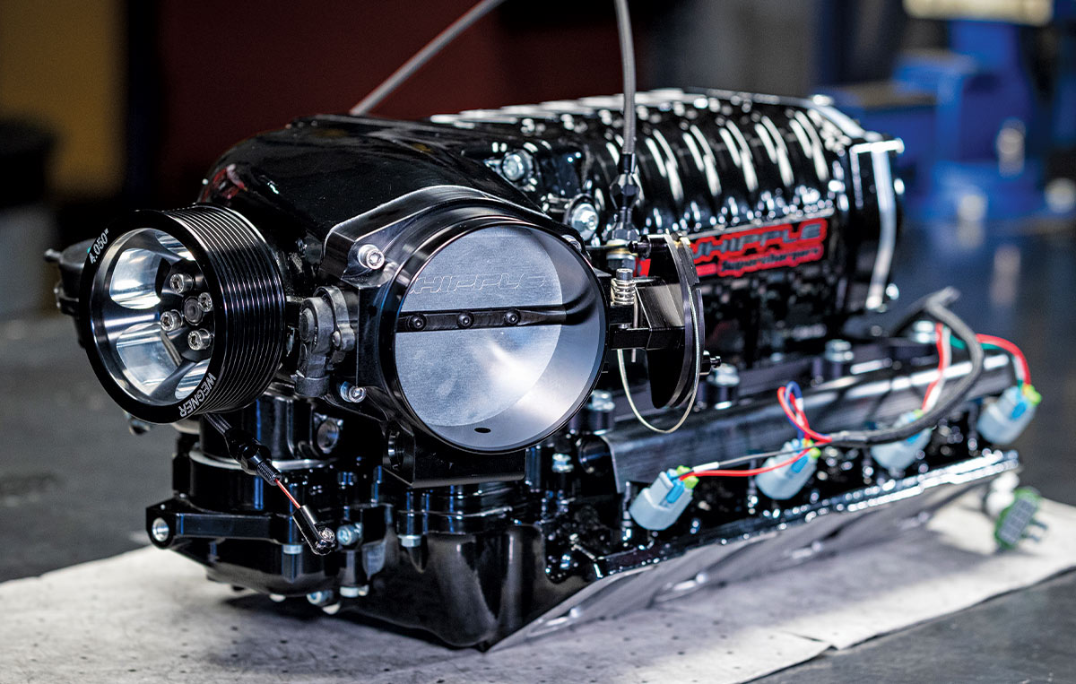 The Whipple 3.0 supercharger works in concert with a Holley Dominator EFI system with 127-pound injectors. The drive system is from Wegner Automotive.
