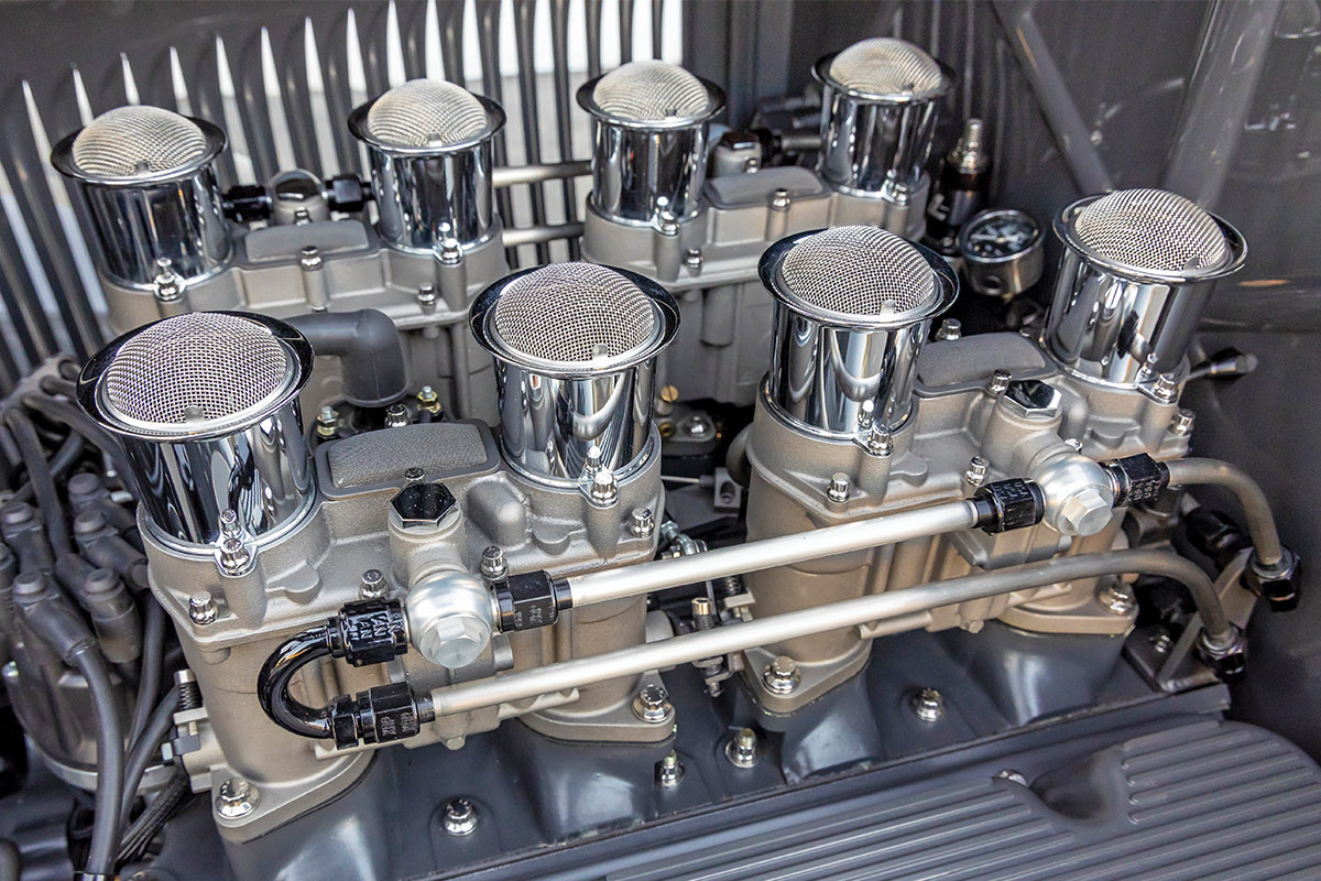 A close up of the Borla 8-stack system of the small-block 427 Boss Ford engine