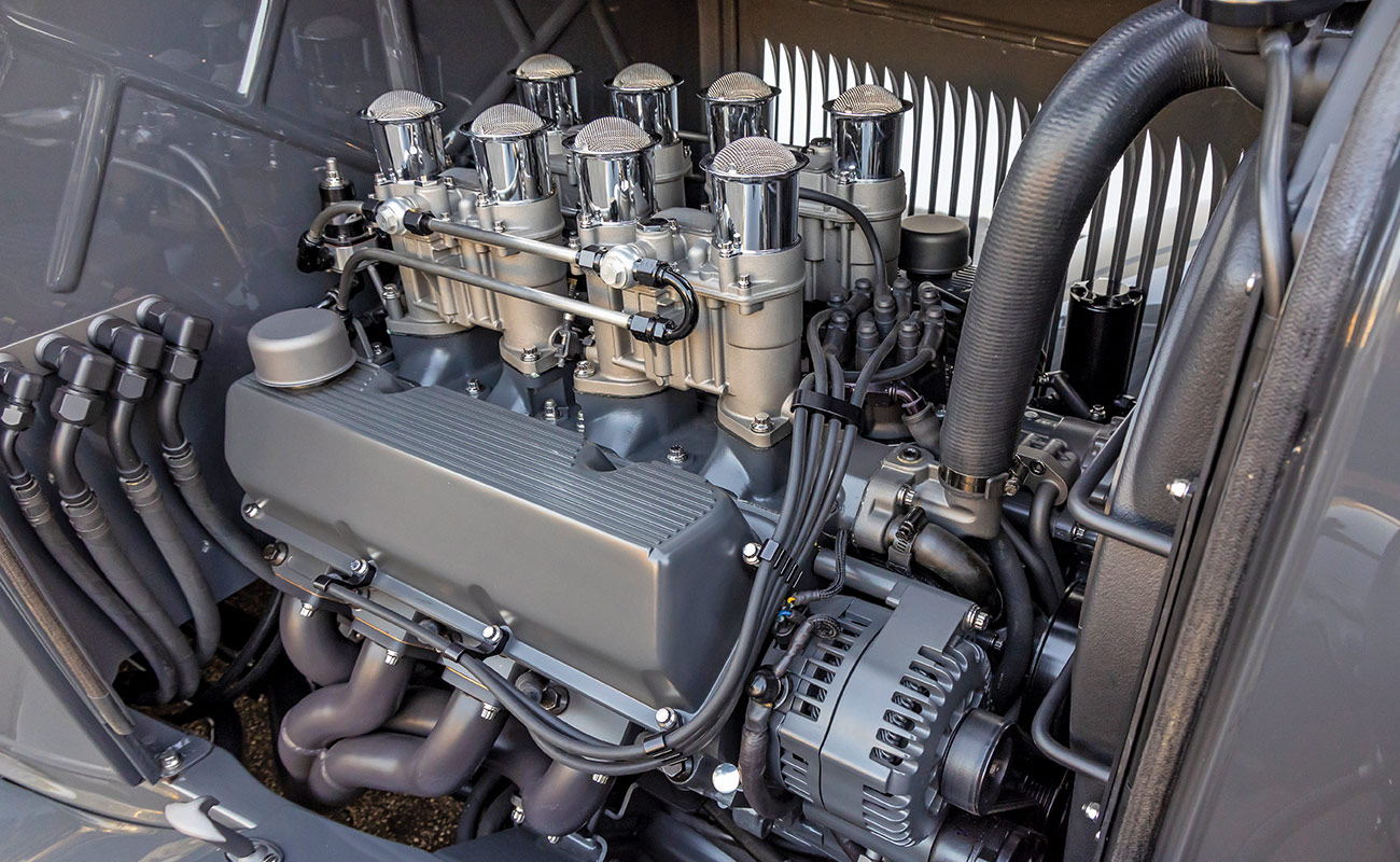 A close up of small-block 427 Boss Ford engine