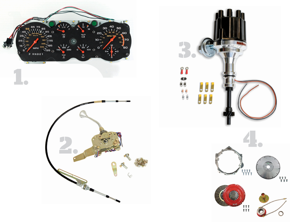 1. ’78-88 Chevy G-Body Direct-Fit Gauge Cluster, 2. Lokar & Speartech Combine for Tap-Shift Shifter, 3. PerTronix Expands Specialty Billet Distributor Applications, and 4. LS 6 Bolt to TREMEC Magnum SST Engine Fit Kit