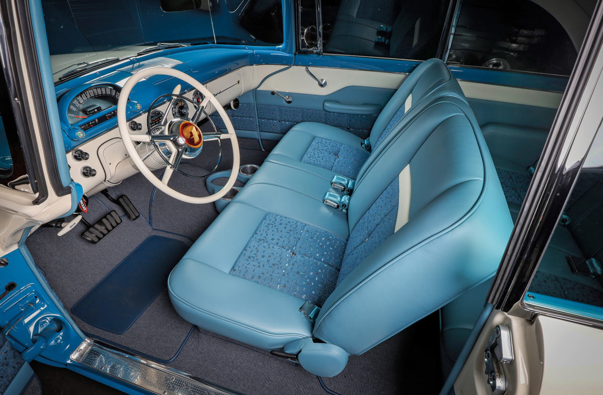 front seat interior in a ’55 Ford Fairlane Victoria