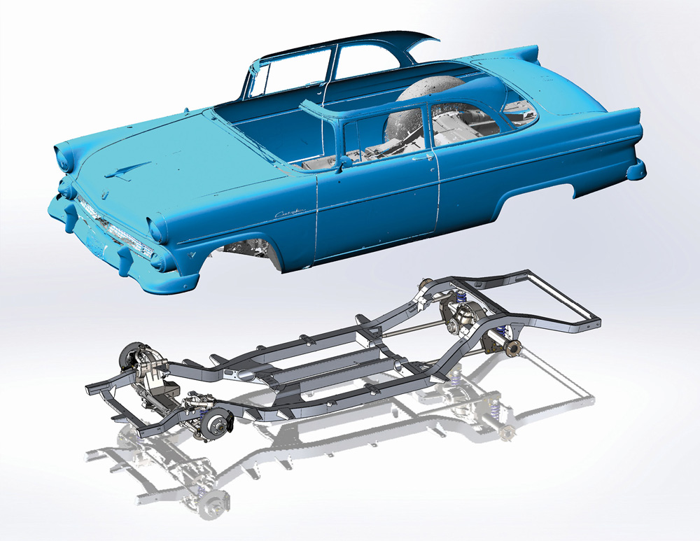 digital 3D rendering of a ’55 Ford Fairlane Victoria and the frame