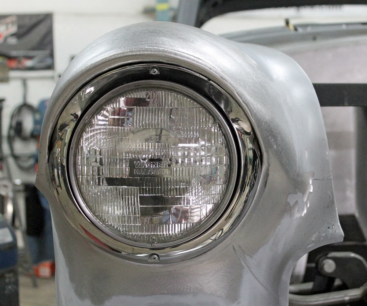 Close up of the headlight with the ring both installed in the opening