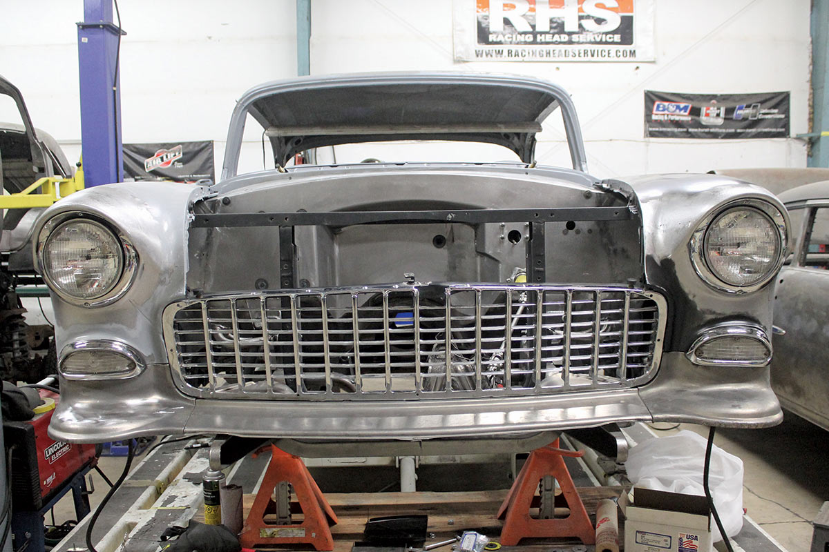 Front view of the '55 Chevy with completed headlights