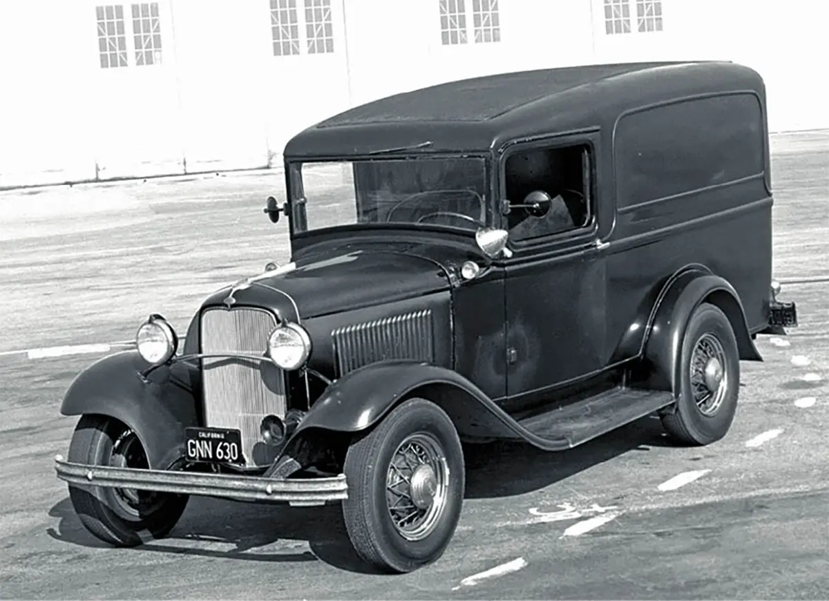 The ’32 Ford panel truck was shot by Tex Smith in front of a hangar used by Howard Hughes at the Santa Monica airport. It was here where truth was proven to be stranger than fiction.