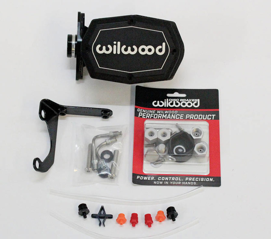 The Wilwood master cylinder used on the wagon is PN 261-14964-BK for power brakes. It has a bore of 1-1/8 inches and comes with a proportioning valve, mounting bracket, and plumbing components.