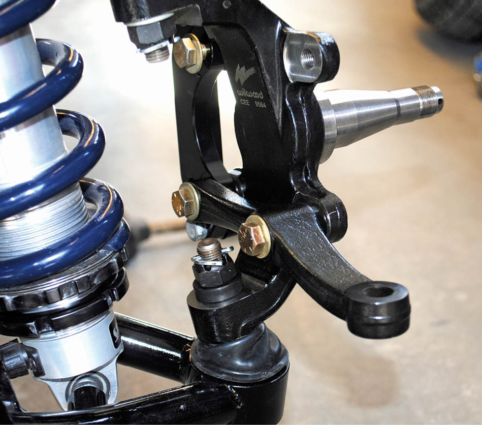 The Art Morrison Enterprises front suspension uses 2-inch dropped Wilwood ProSpindles (PN 830-9807) with bolt-on steering arms.