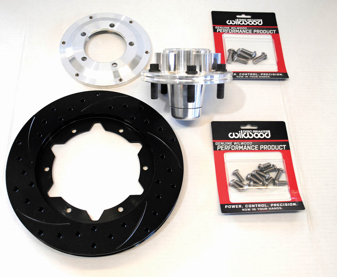 Included in the Wilwood brake kit is a pair of aluminum hubs. The SRP drilled-and-slotted rotors have been treated to the optional black electro coat.