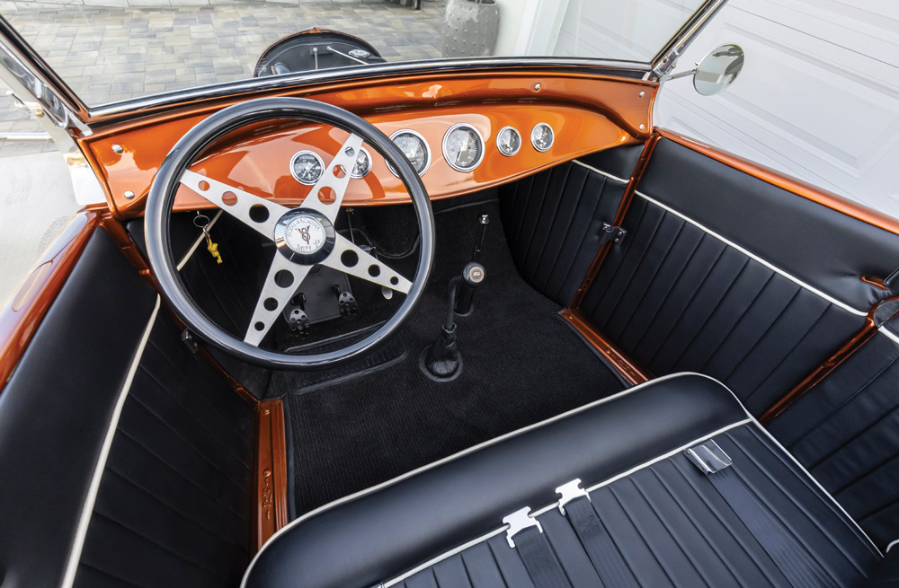 steering, dashboard, and interior in a ’29 Ford Model A roadster