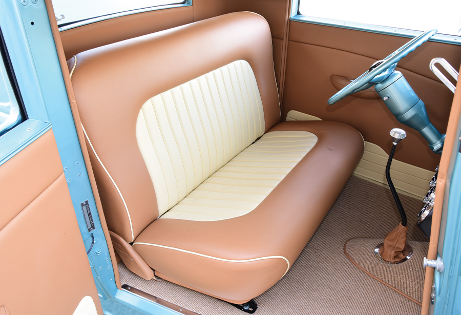 front seats of '32 Plymouth PB Coupe in brown and cream colored leather