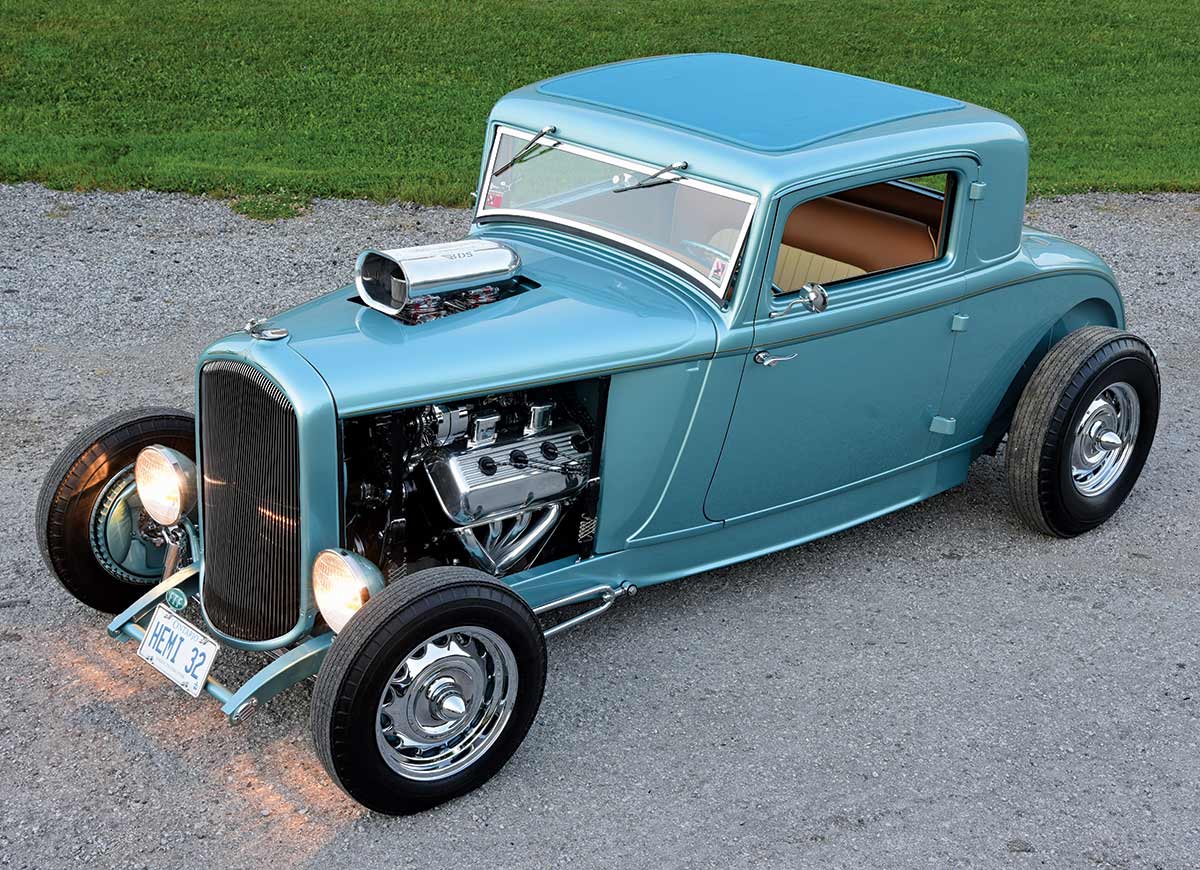3/4 view of light blue-colored '32 Plymouth PB Coupe