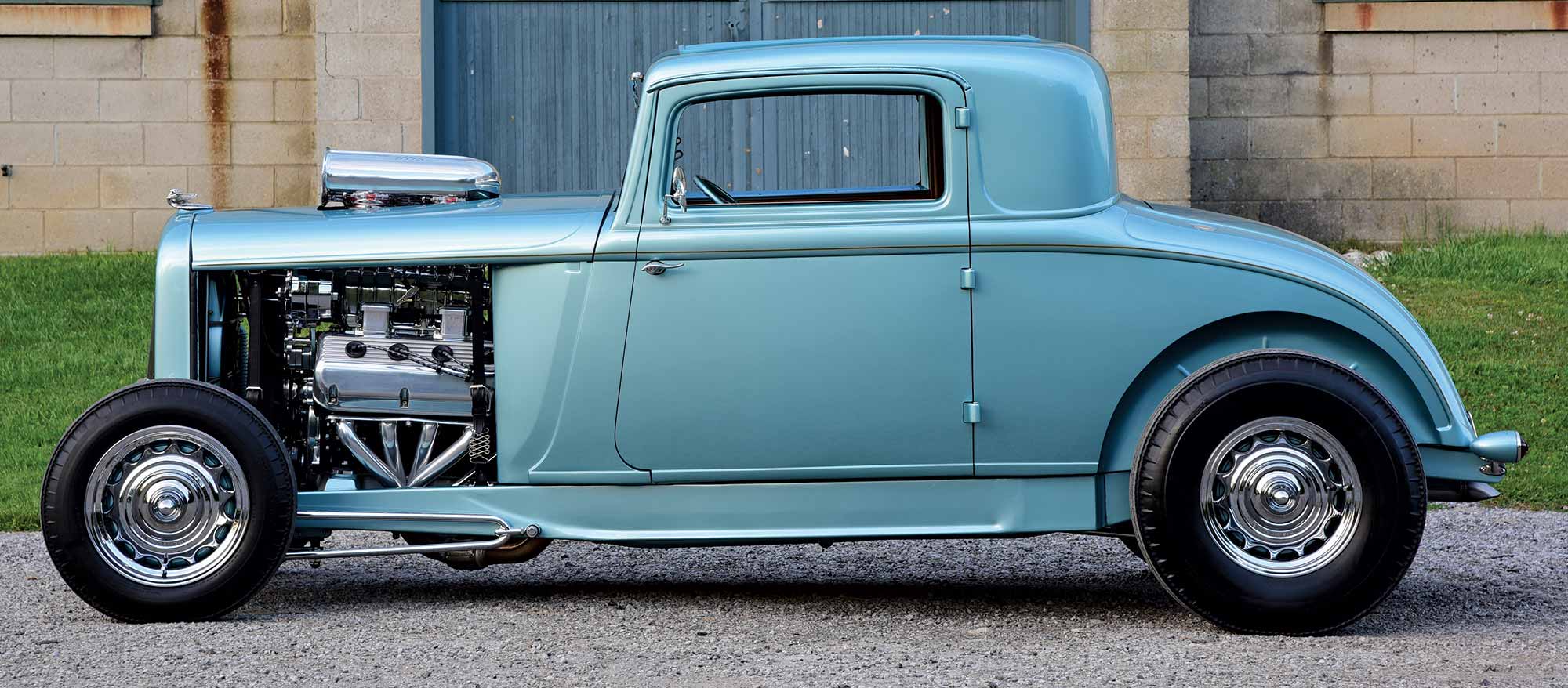 light blue-colored '32 Plymouth PB Coupe side view