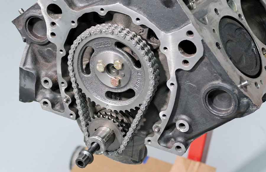 a Summit Racing True Roller Timing Set being used to mate the crank and cam