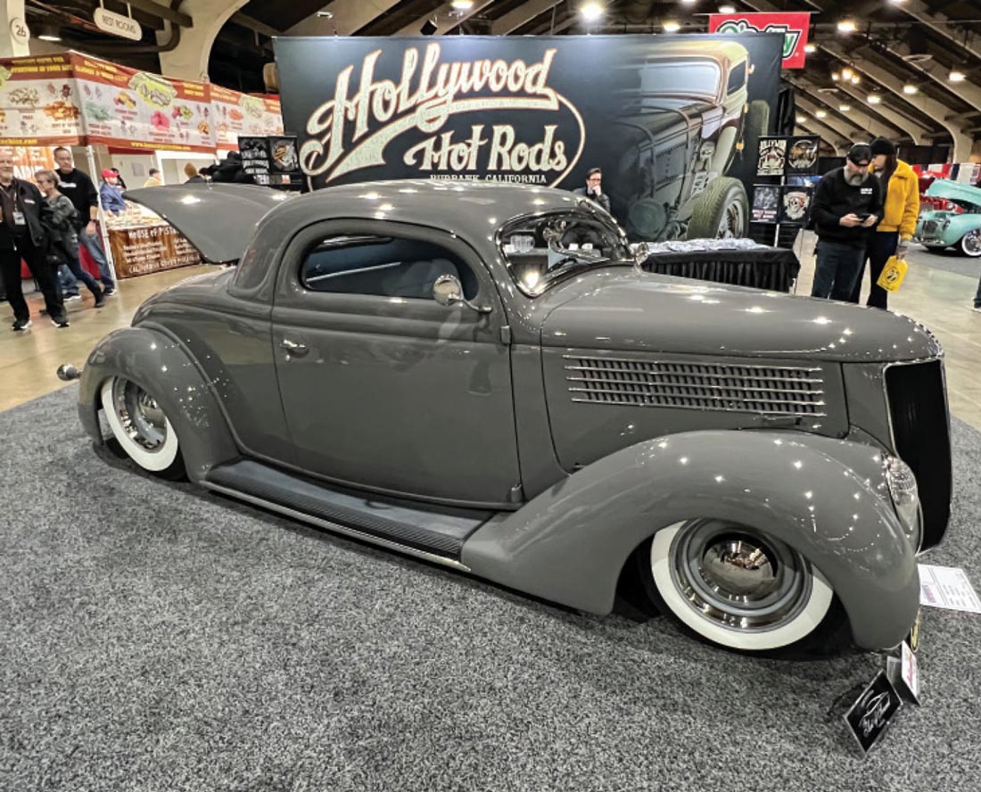 passenger side of a grey ’36 Ford custom coupe