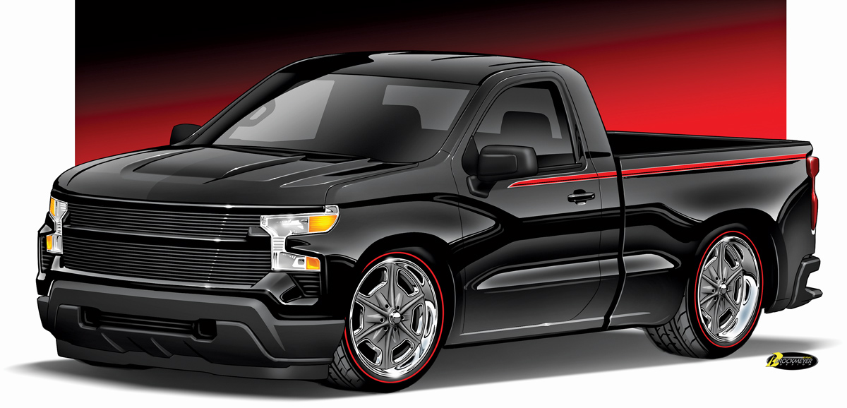 black truck with red stripe accent