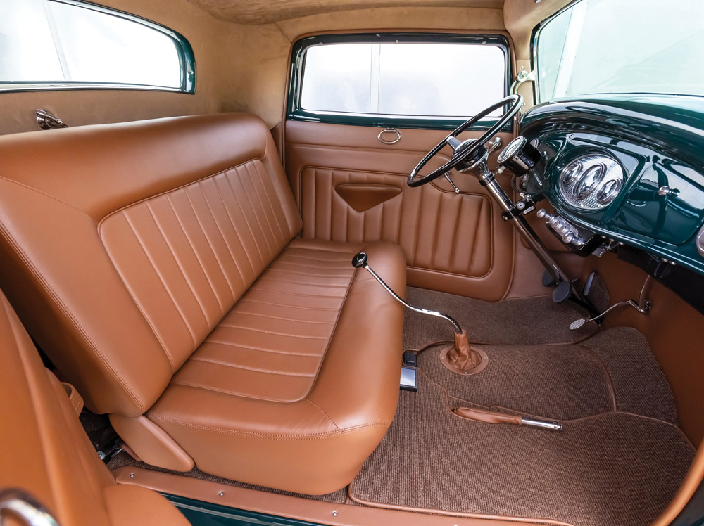 leather seating, dash, and steering in a ’32 Ford Three-Window Highboy Coupe