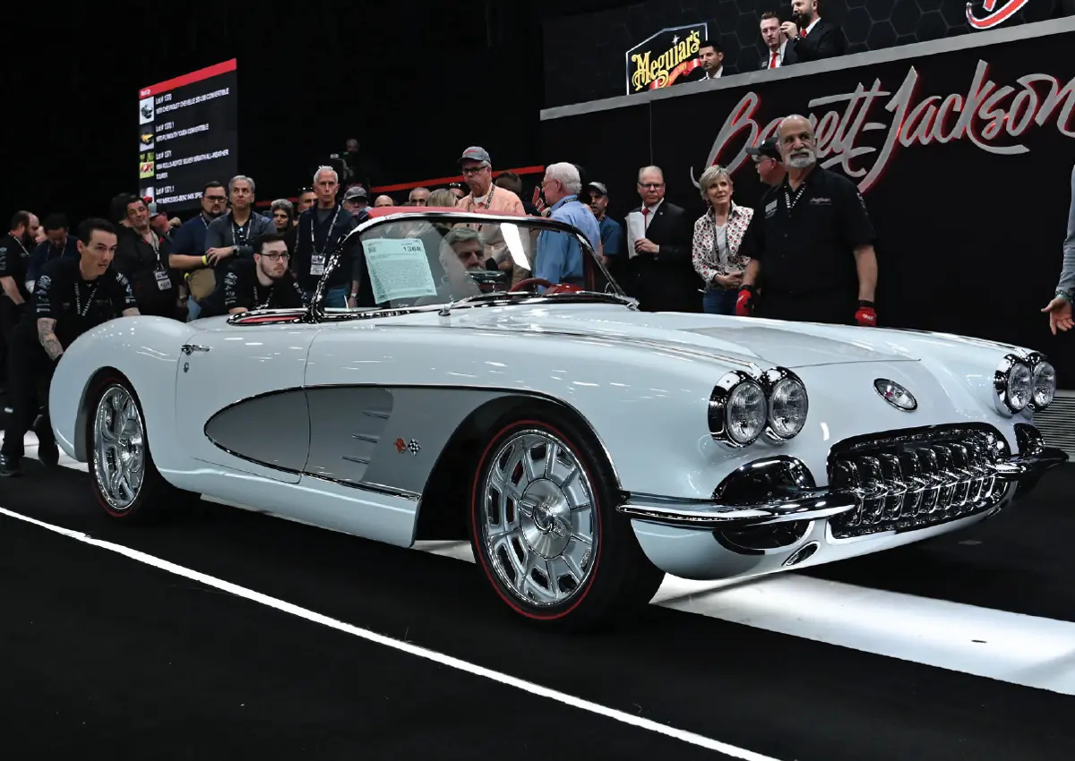 front passenger side of a BASF Pearl White ’58 Corvette