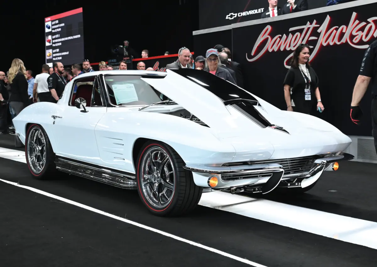 front passenger side of a white a “split-window” ’63 Corvette