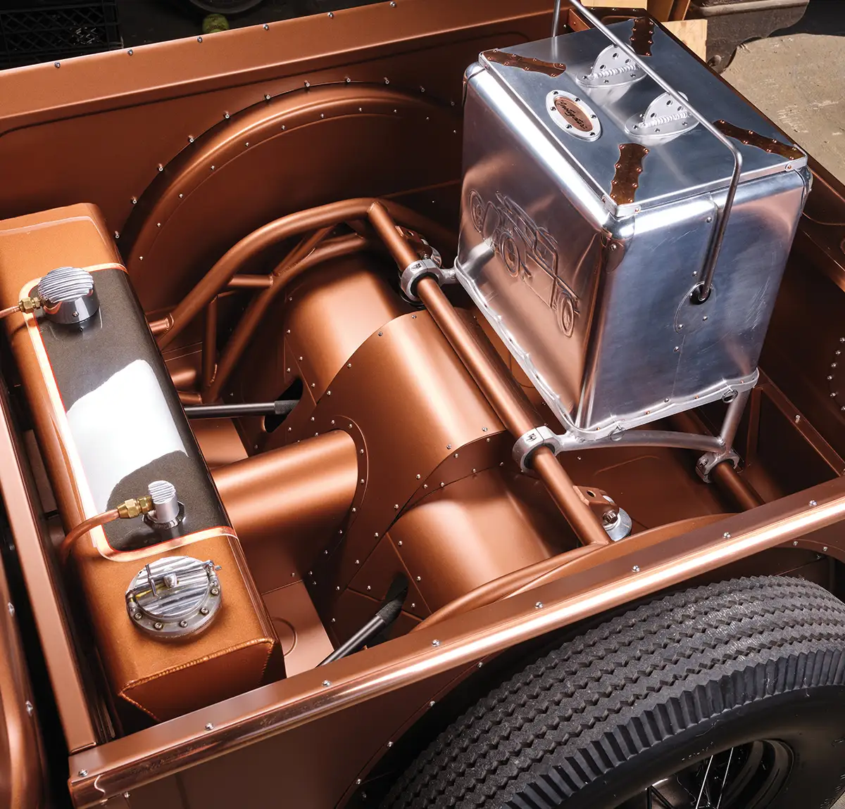 close up of the truck bed on the ’34 Ford “Lincoln Instigator” pickup with a focus on the rear of the bed