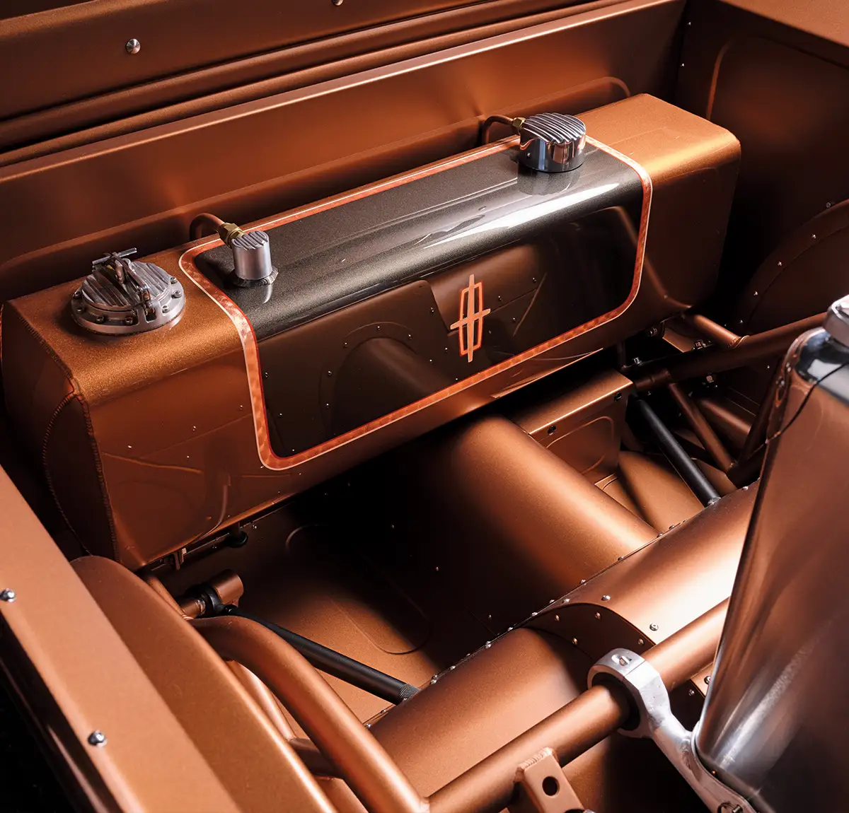close up of the truck bed on the ’34 Ford “Lincoln Instigator” pickup with a focus on the front of the bed