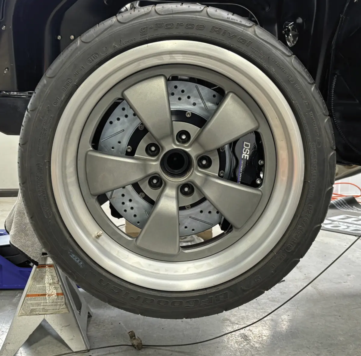 front view of a wheel placed on the wheel hub assembly to check for clearance