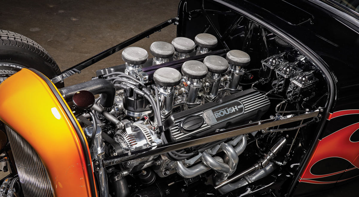 engine in a ’32 Ford Lowboy Phaeton