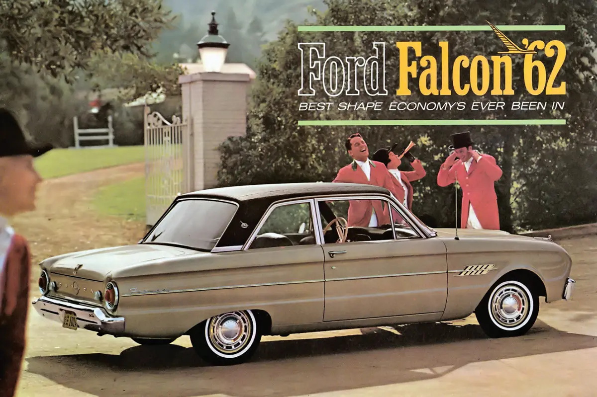 advertisement for a beige ’62 Ford Falcon Futura with a vinyl roof
