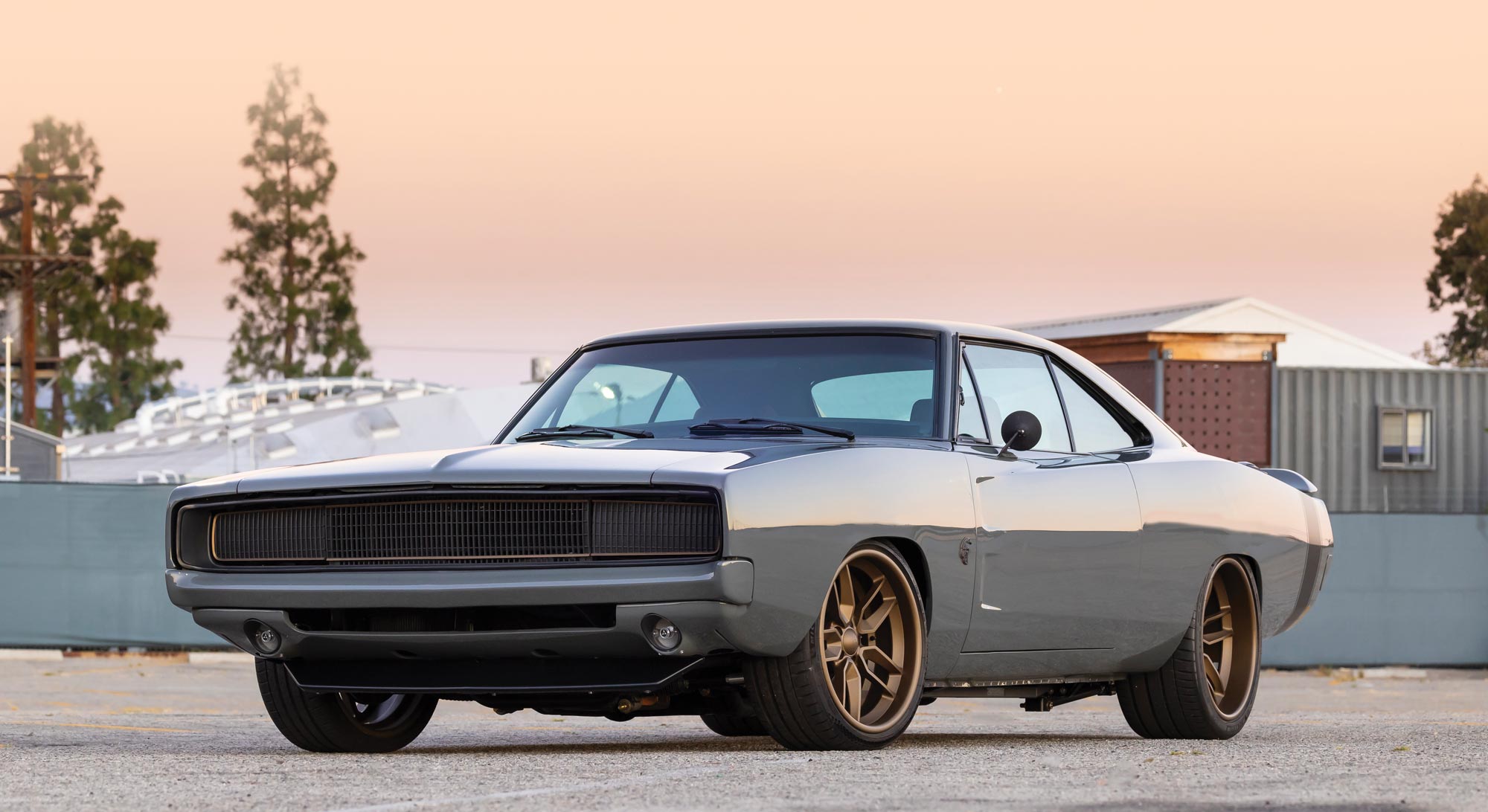 3/4 view of grey 68' dodge charger 